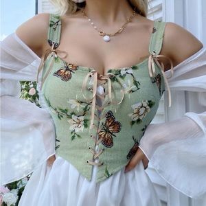 Vintage Butterfly & Floral Pattern Corset Top